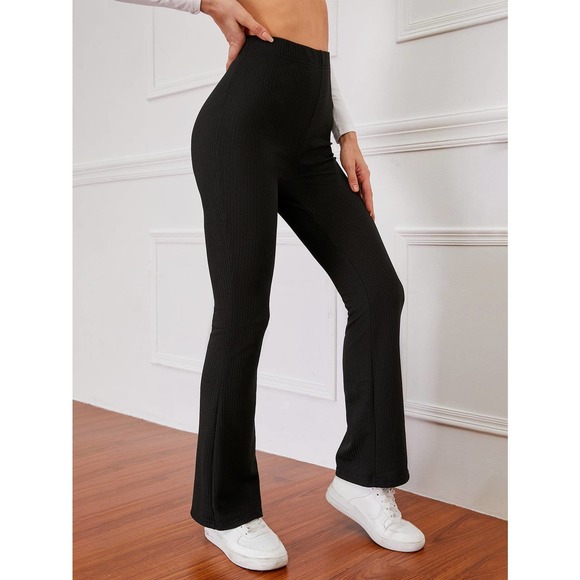 High Waist Ribbed Knit Flare Leg Pants black - Picture 1 of 11